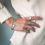 Double Bezel Cuff in White Gold with Rainbow Moonstone and White Topaz