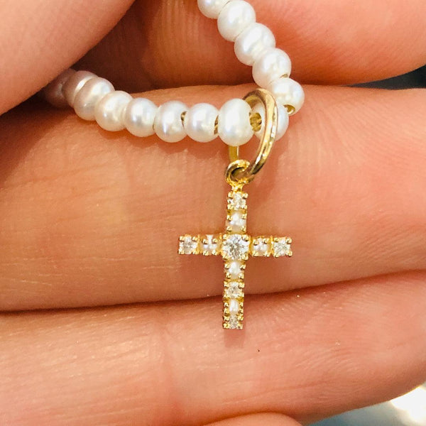 Charm Cross in White Diamond and Pearl - Charlotte Allison Fine Jewelry