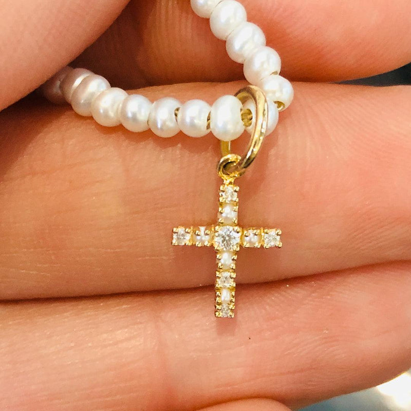 Charm Cross in White Diamond and Pearl - Charlotte Allison Fine Jewelry