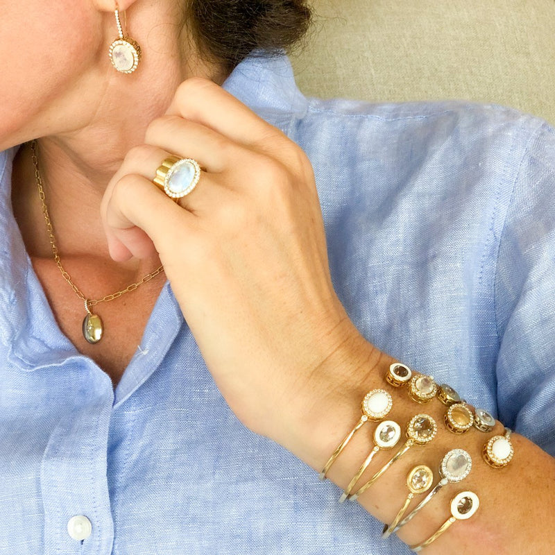 Double Bezel Cuff in Brushed Gold and White Topaz - Charlotte Allison Fine Jewelry
