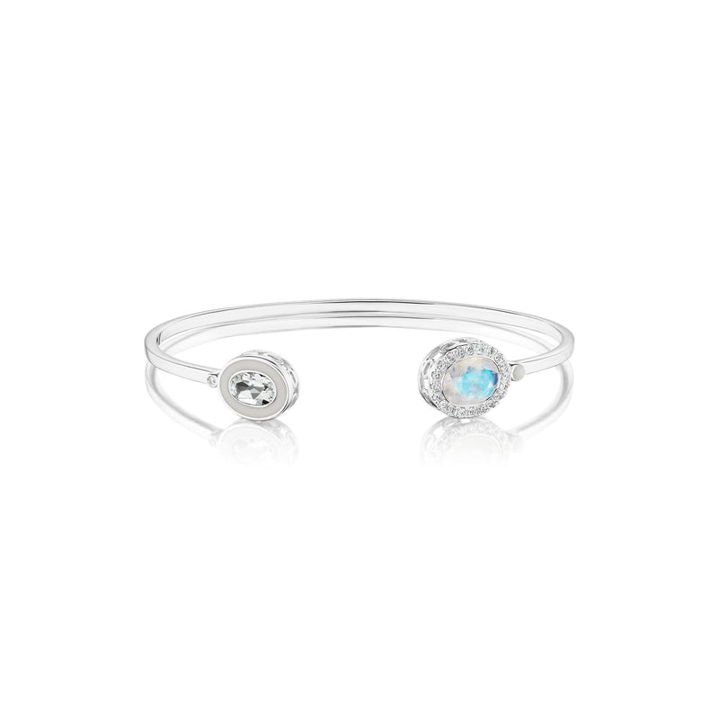 Double Bezel Cuff in White Gold with Rainbow Moonstone and White Topaz - Charlotte Allison Fine Jewelry